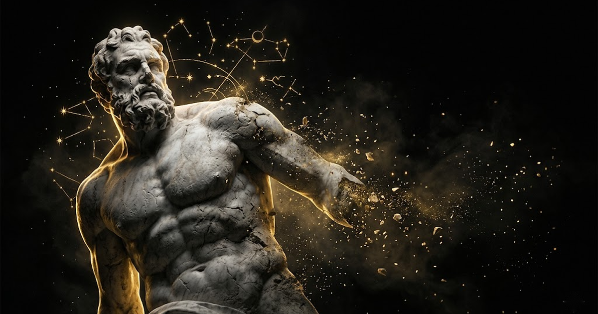 A vast marble titan dissolving into shadow against a void black sky, golden constellations forming behind it