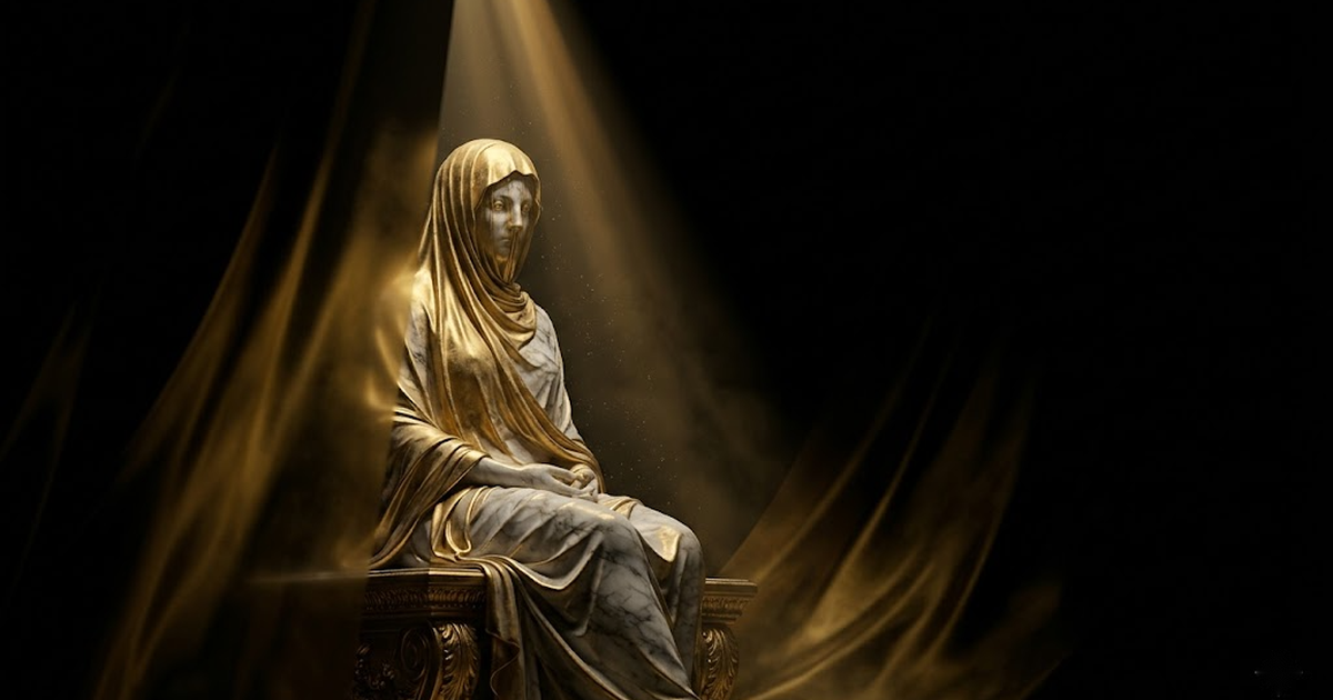 A golden oracle figure behind a veil of shadow, a single shaft of light revealing only part of its face, void black surroundings