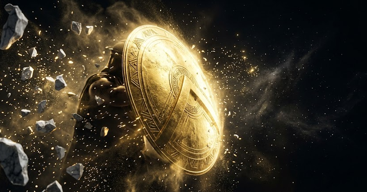 A golden aegis shield held against a storm of fragmenting light, cosmic void behind, rim lit in satin gold