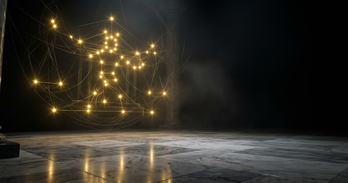 A pantheon of golden light, fifty points of brilliance arranged in a constellation above a marble floor, deep void negative space
