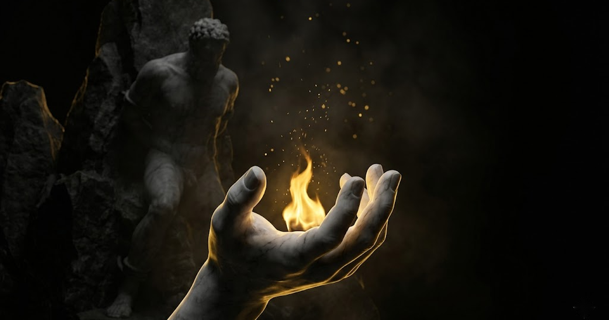 An open hand cupping a flame of satin gold fire, a bound titan in the dark behind