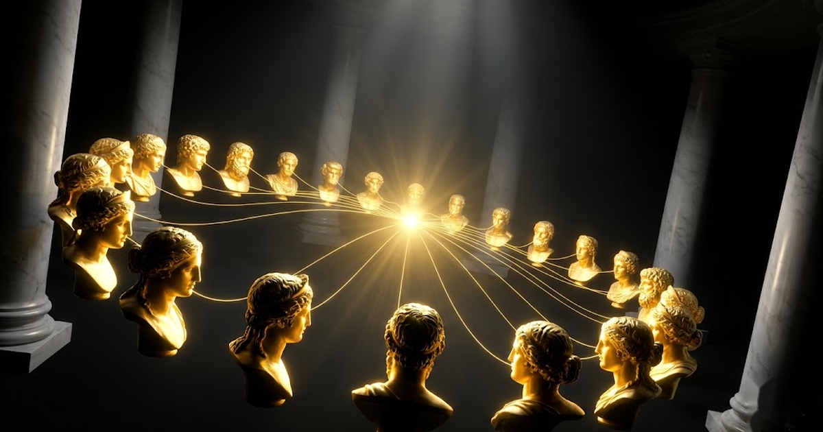 A circle of luminous classical minds connected by threads of gold, a pantheon of knowledge
