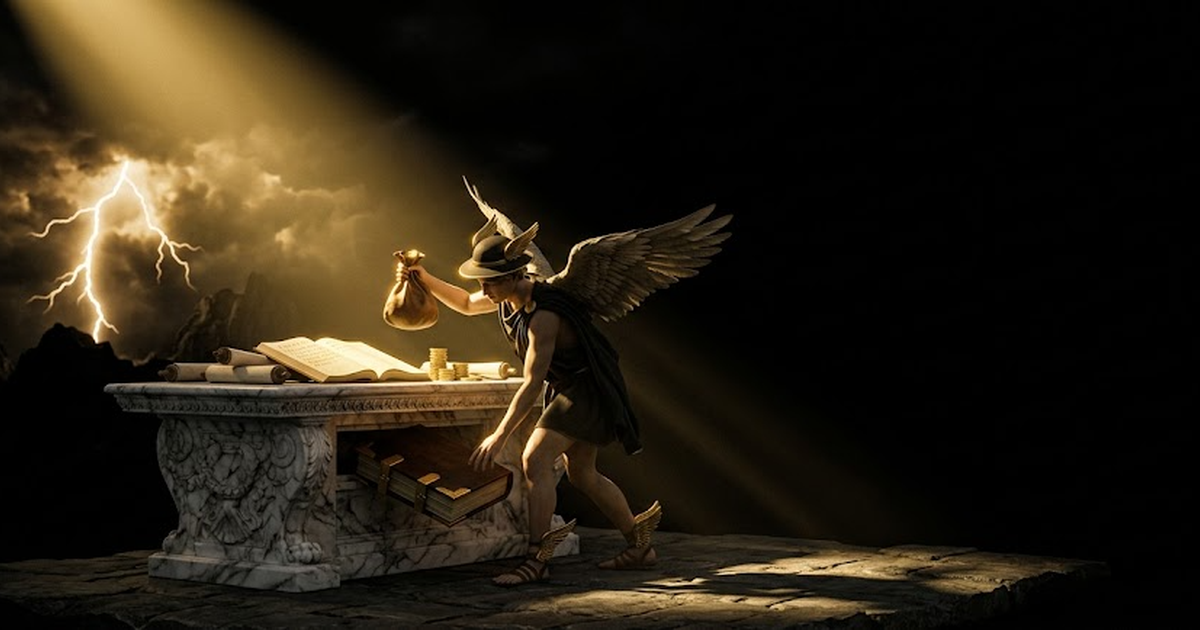Hermes seated at a polished marble counting-table in void black and satin gold, one hand holding a small light coin purse, the other resting on a hidden ledger of unpaid tolls beneath the table edge.