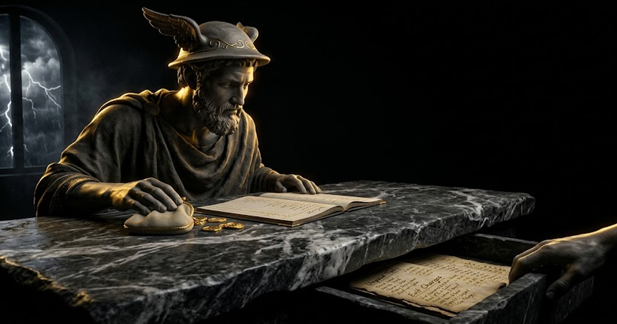 A close cinematic view of the hidden second ledger beneath the marble table, its gold-leaf columns listing exit charges, egress tolls and revalidation fees against a void black ground.