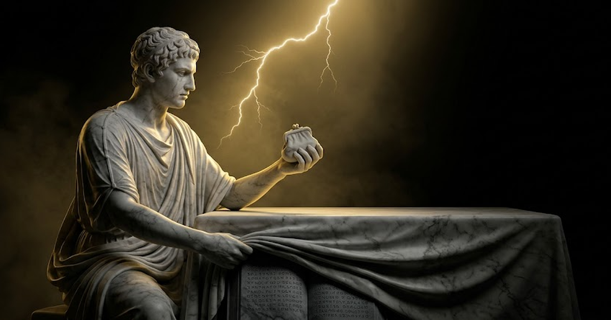 Hermes pushing the light coin purse aside and laying the hidden second ledger open in full satin-gold light on the marble counting-table, every previously concealed toll now legible against void black.