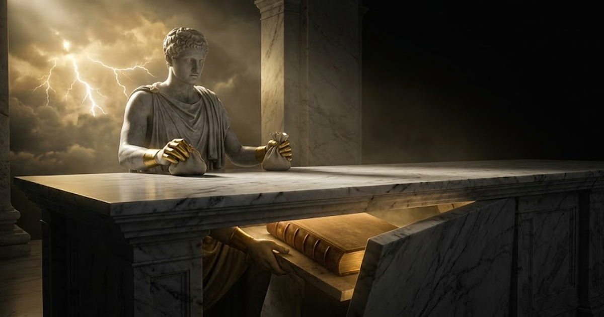 The marble counting-table at rest in void black and satin gold, the light coin purse spent and set aside, both ledgers reconciled and closed, a single gold coin standing upright in balance.