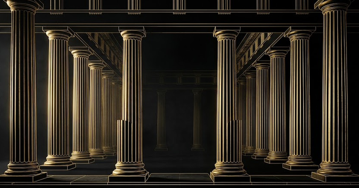 Void black background, satin gold line art of a classical Greek marketplace colonnade, the agora, rows of fluted marble columns receding into darkness, gold leaf catching faint light, no text, no peop