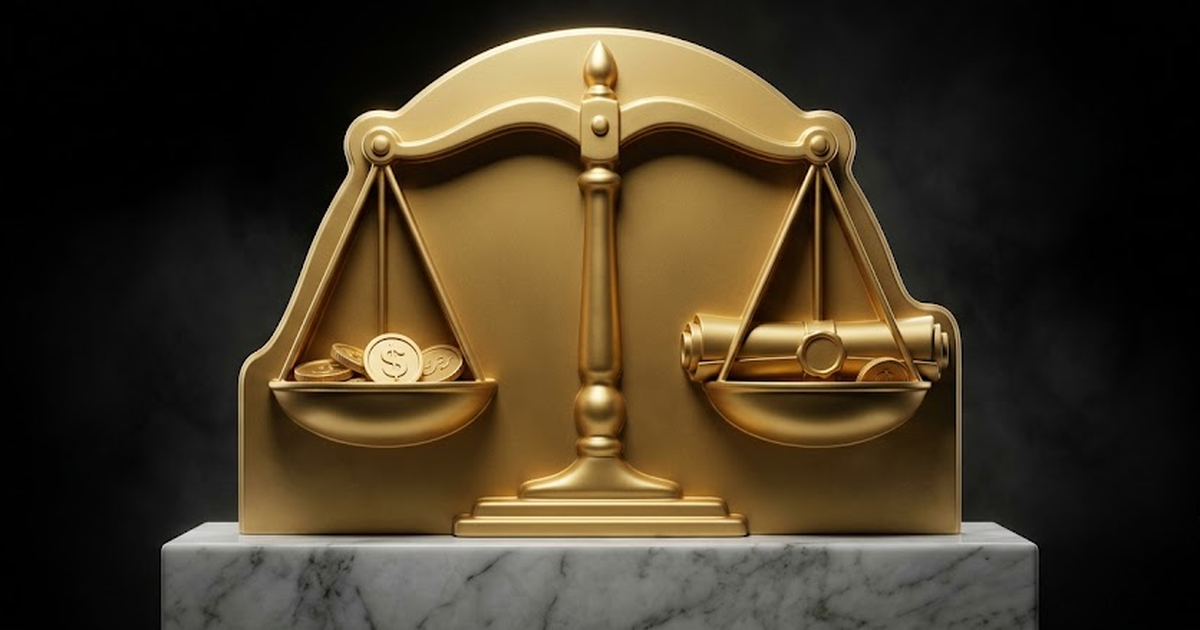 Void black field, a single satin gold scale of justice carved as classical relief, balanced pans holding stylised gold coins and a sealed scroll, marble plinth beneath, symbolic of compliance and audi