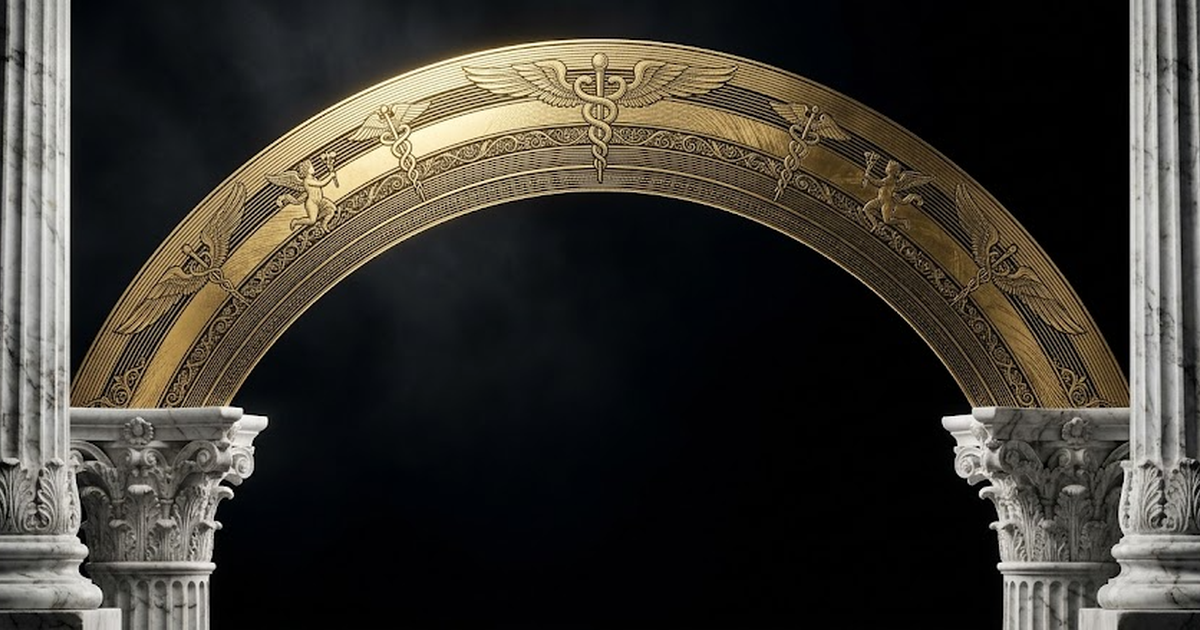 Void black background, the goddess Iris depicted only as a sweeping gold rainbow arc rendered in fine classical engraving lines, connecting two marble pillars, messenger symbolism, no figures, no text