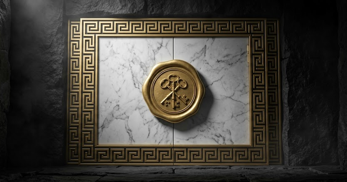 Void black ground, a golden Greek key meander border framing an empty marble vault door sealed with a wax-style gold signet, symbol of held keys and a closed perimeter, no text, no people, no devices,