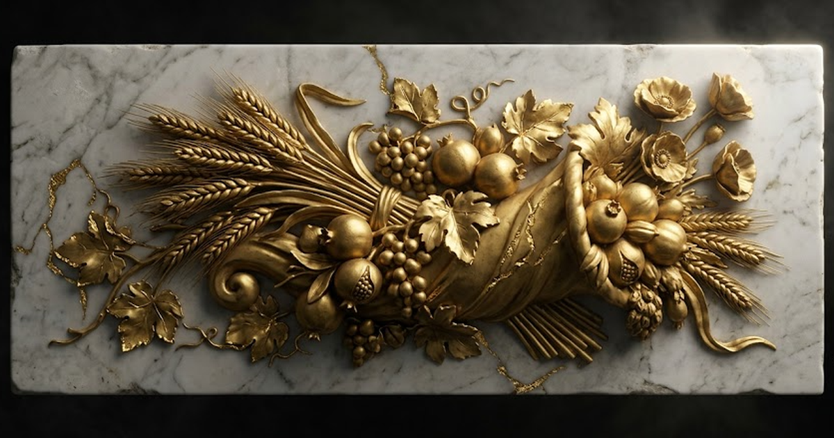 Void black field, satin gold sheaves of wheat arranged as a classical still-life relief evoking Demeter, abundance and forecasting symbolism, marble background, gold leaf detail, no text, no humans, n
