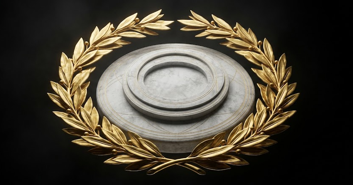 Void black background, a classical gold laurel wreath encircling a faint marble astrolabe of concentric rings, symbolising sealed provenance and verifiable record, fine engraved gold lines, no text, n
