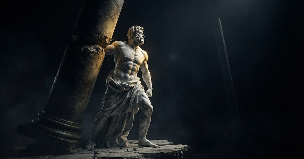 Coeus setting one shoulder against a vast turning pillar of the heavens and stopping it dead, his gaze lifted away to a second still axis rising behind him, in a void of pure black, satin gold light grazing the...