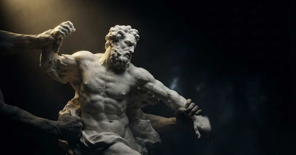 Proteus seized hard by both wrists and held fast mid transformation, his body caught between shapes while an unseen grip forces him to keep one form and answer, in a void of pure black, satin gold light clinging to...