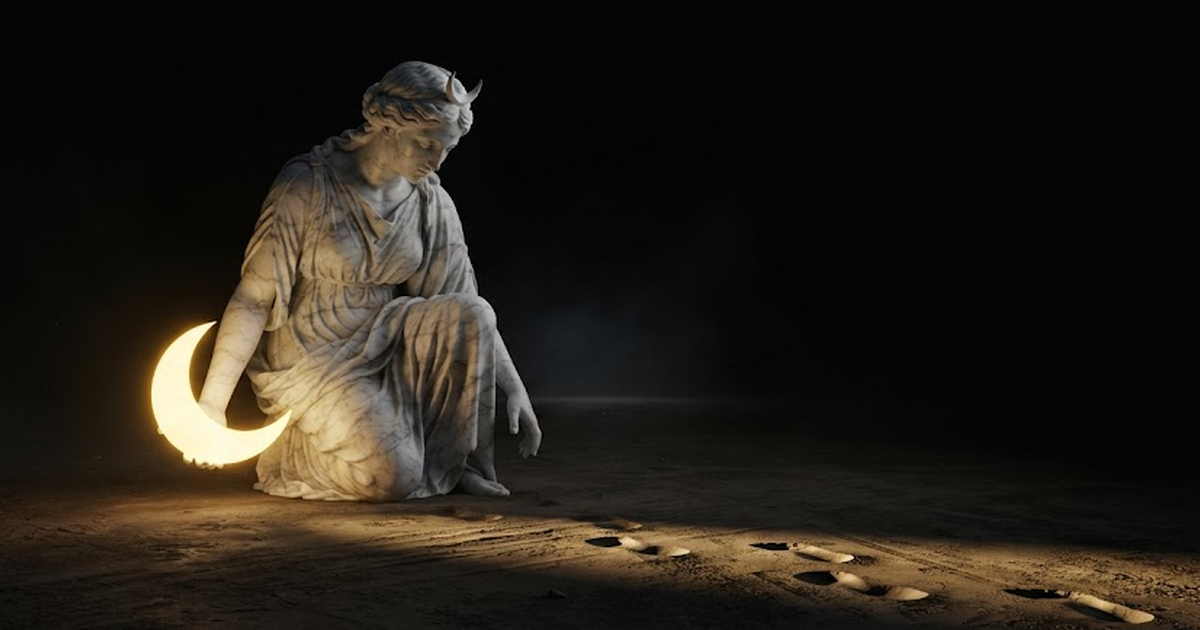 Selene kneeling low and lowering her crescent almost to the floor so its light rakes across deep footprints already pressed into the dust behind her, in a void of pure black, satin gold light skimming flat over the...