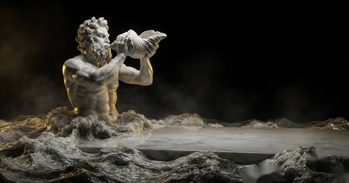 Triton rising waist deep from churning stone waves and sounding his great twisted conch, the water flattening to glass wherever the single call lands, in a void of pure black, satin gold light running down the shell...
