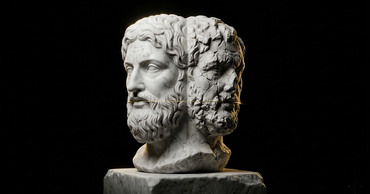 A two-faced marble bust of Janus, one face intact and one fracturing, joined by a single thin gold thread against a black background