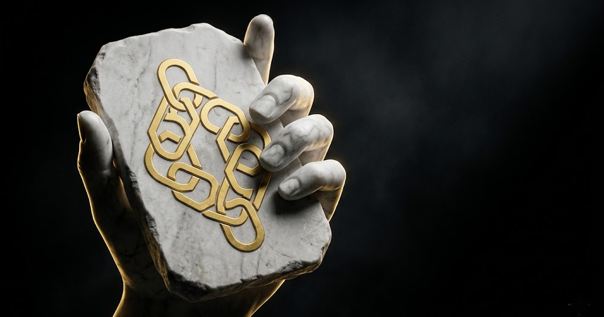 A marble hand holding a tablet showing an abstract chain of interlocking gold links against a void black background