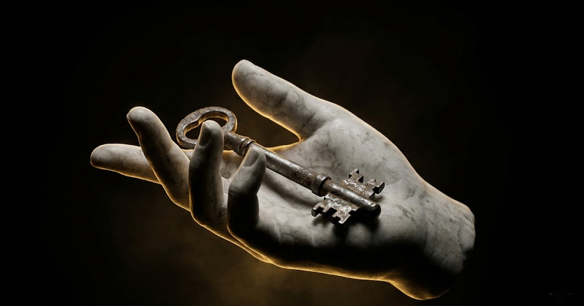 A marble hand holding an ancient iron key, gold rim light on black