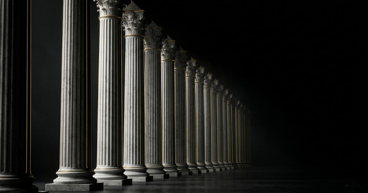 A receding colonnade of marble columns in gold-rimmed light fading into black