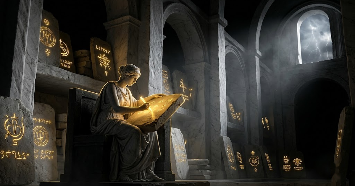 Mnemosyne seated in a vast vault of stone tablets, each tablet glowing with a different cryptographic seal in satin gold against void black, her hand resting on the oldest one.