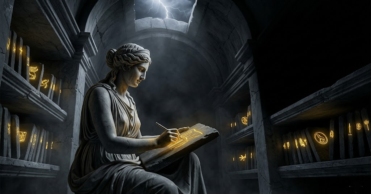 A single ancient stone tablet held in golden light while Mnemosyne re-inscribes its surface with a new seal layered over the faded original, the old marks still faintly visible beneath.
