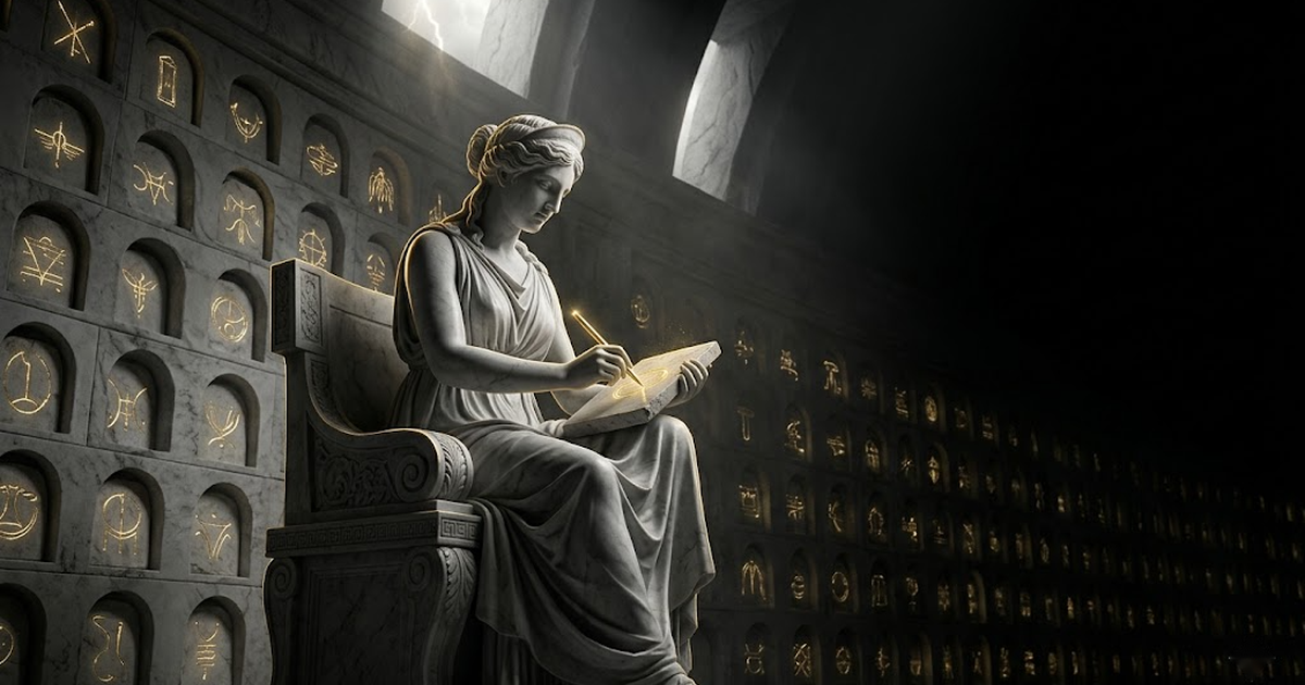 Wide cinematic view of the vault chamber, rows of glowing tablets in different seals receding into darkness, Mnemosyne small at the centre, every tablet still lit, none gone dark.
