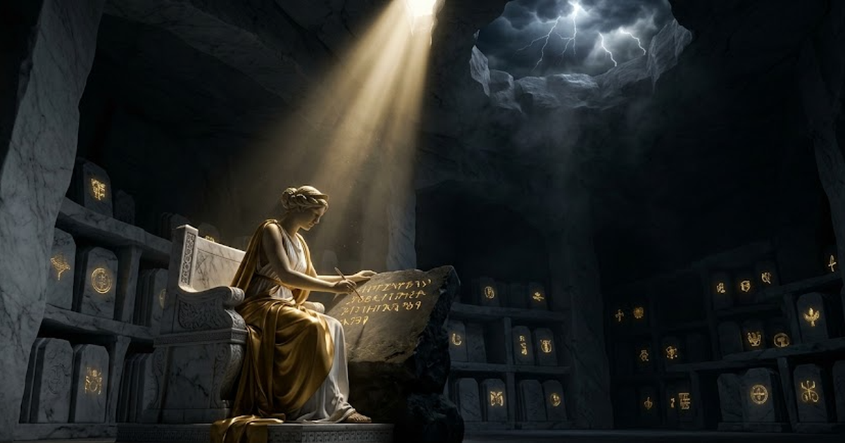 Close on Mnemosyne's hands tracing a fresh golden seal over the very first tablet in the vault, satin gold light spreading, the chamber intact and luminous around her.