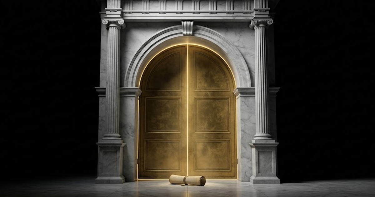 A monumental marble archway in deep void black, satin gold light spilling through a sealed bronze gate, classical Greek architecture, an unopened scroll resting on the threshold, no text, no people, n