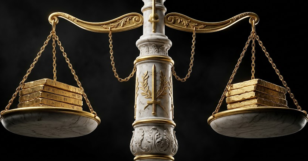 A golden balance scale of Themis carved in marble against pure black, each pan holding a stack of folded statutes rendered as gilded tablets, classical symbolism of law and weighing, no text, no human