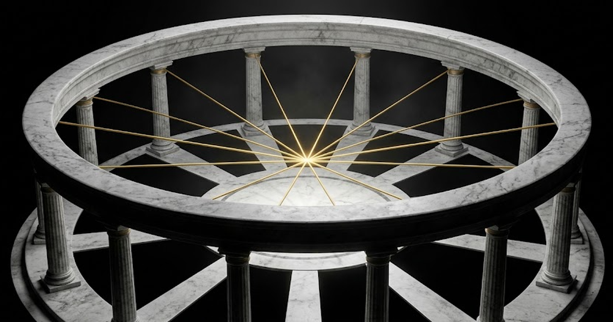 A circular Greek colonnade seen from above forming a single perimeter ring, golden threads radiating from the centre to twelve marble pillars representing many jurisdictions converging on one law, no 