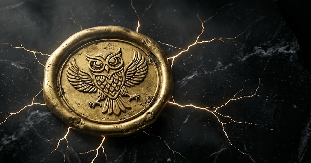 A wax seal of pressed gold bearing an abstract classical owl emblem, set into black marble, fine cracks of light suggesting a cryptographic signature, no text, no devices, no humans, mythological grav