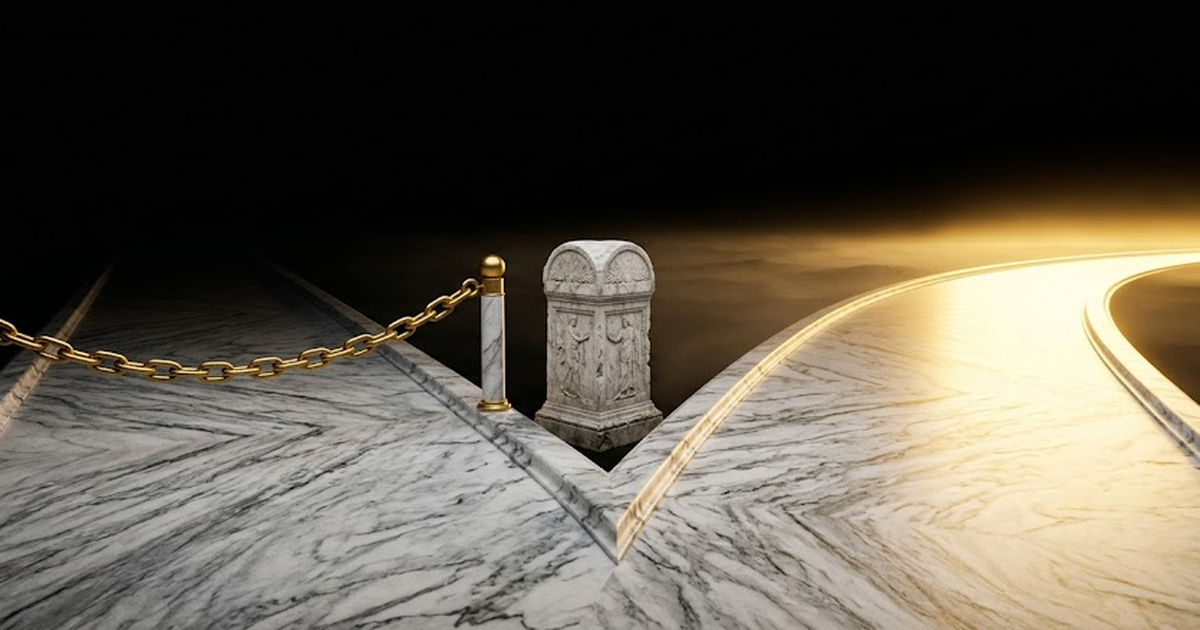 Two diverging marble roads under a black sky, one sealed with a gold chain and one open and bright with golden light, a Greek milestone standing between them, allegory of rescue and the off-ramp, no t