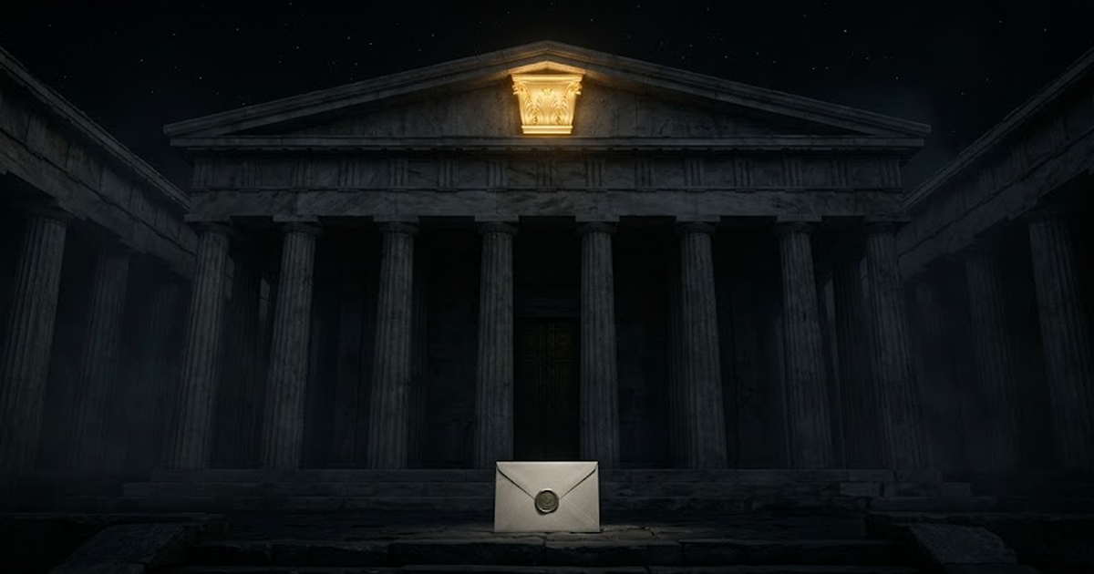 A towering Greek temple facade entirely in shadow except a single gilded keystone glowing at the apex, sense of a sealed sanctuary and an accreditation envelope, marble and gold, no text, no people, n