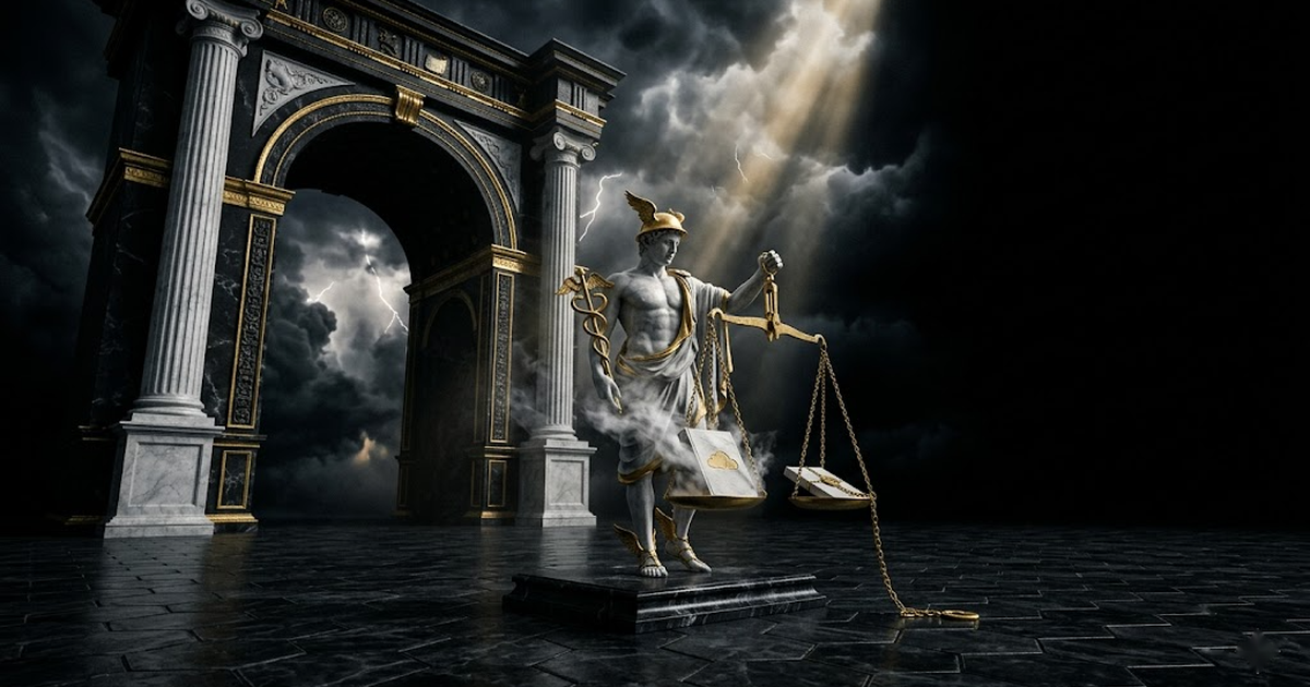 Hermes stands at a void-black treasury gate holding two ledgers aloft, gold scales suspended between them, one pan glowing with a dissolving cloud sigil, the other weighted by a sealed tablet.