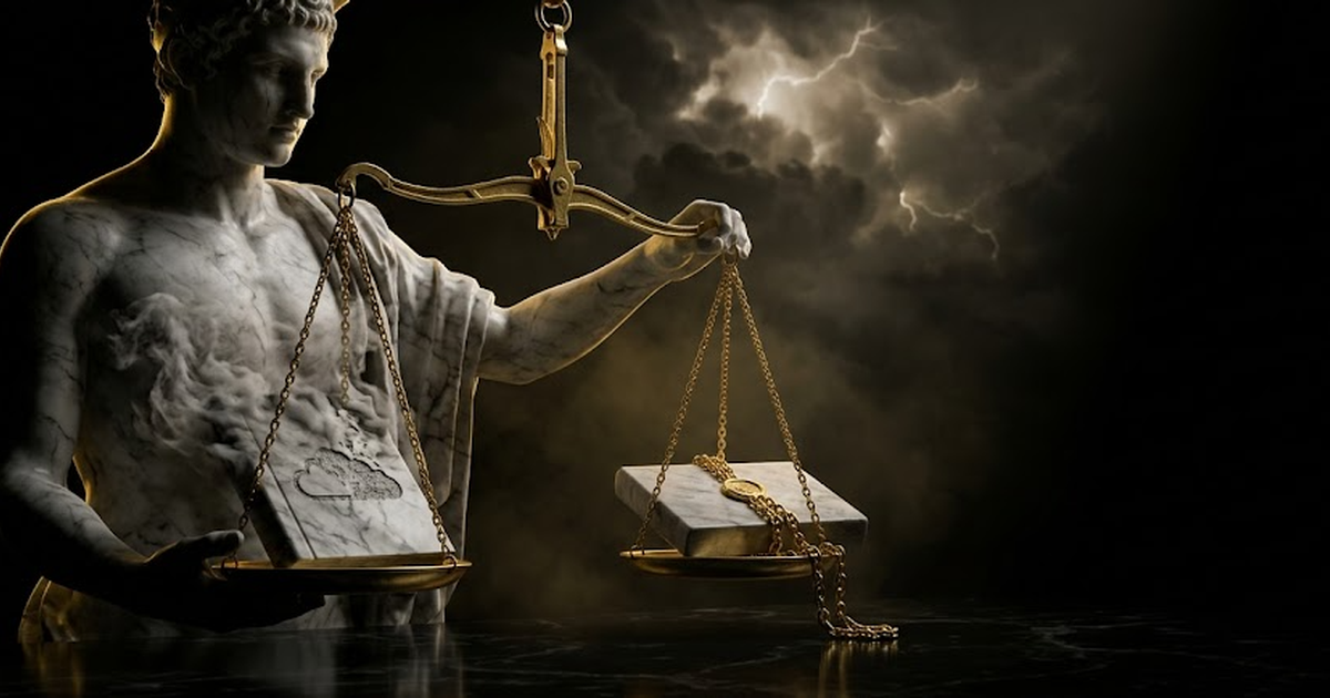 A close view of the gold scales, the left pan holding a rented cloud sigil thinning into vapour, the right pan holding a heavy sealed tablet bound by a chain that runs down into the void-black exchequer floor.