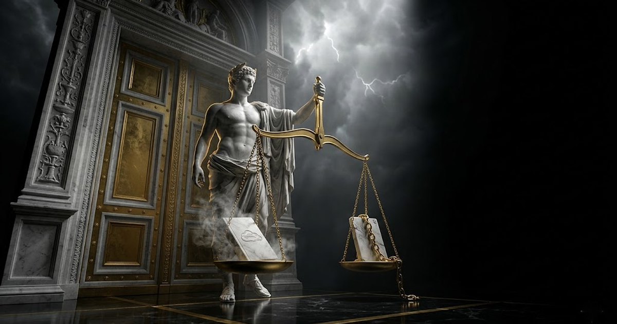 The balanced gold scales settle level over a vast void-black exchequer floor inscribed with faint ledger lines, the sealed tablet now anchored by its chain into the stone, Hermes withdrawing his hand.