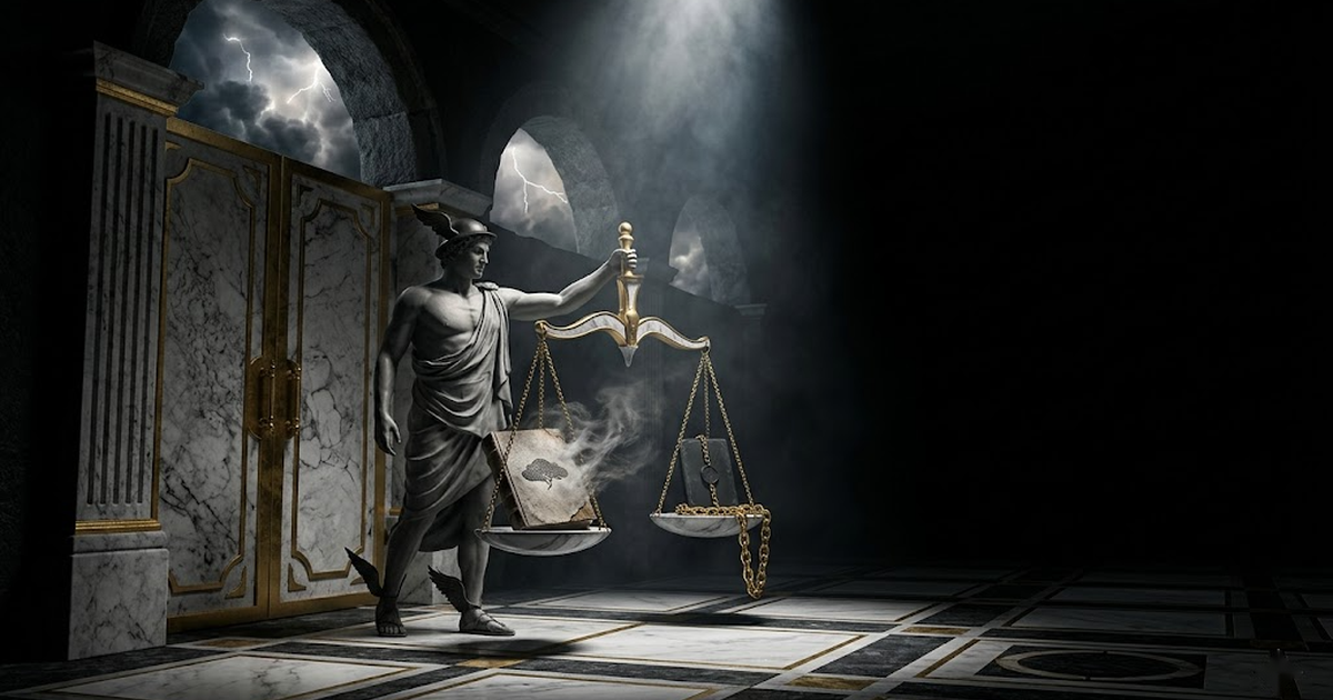 Wide cinematic view of the void-black exchequer hall, the gold scales now still and level on a plinth, the sealed chained tablet glowing faintly, the cloud sigil gone entirely, Hermes' silhouette receding into gold-lit darkness.