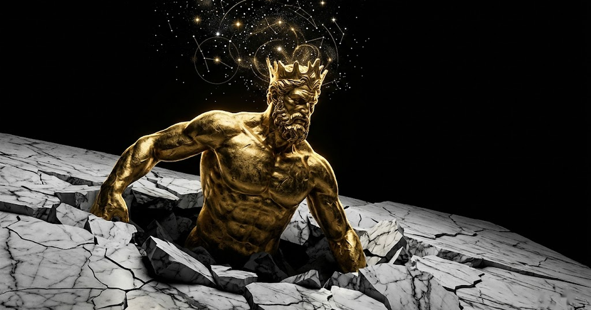 A colossal golden titan rising from black marble, constellations forming a crown of light above its head