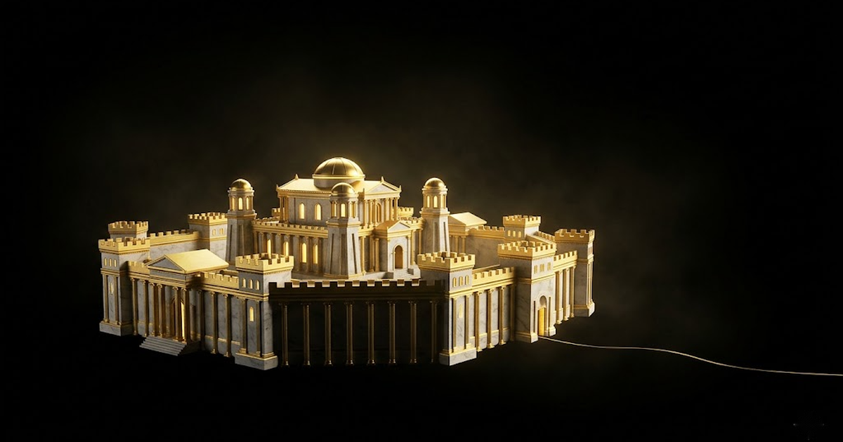 A walled marble citadel glowing gold against the void, a single severed thread of light leading out into darkness