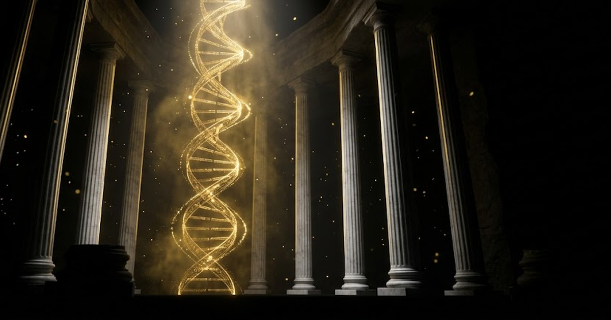 A golden double helix of light rising through a pantheon of marble columns dissolving into black space
