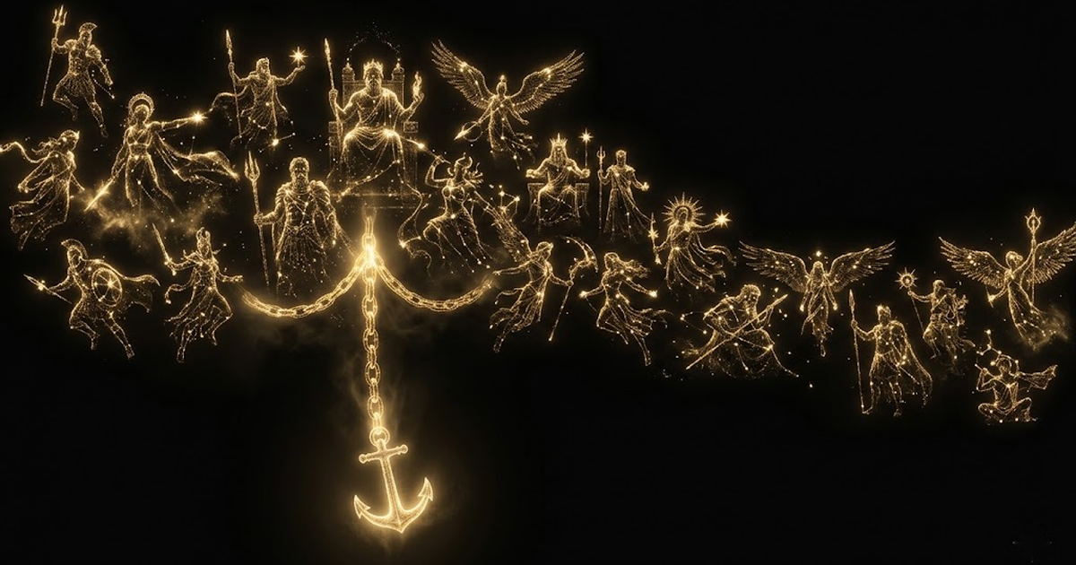 A pantheon of gods rendered as constellations of gold light over a vast black expanse, an anchor of light descending into the dark