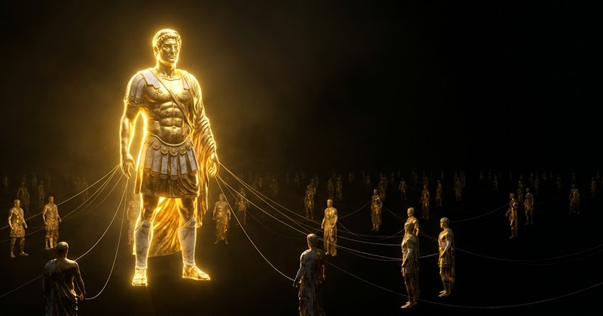 A colossal golden titan of light standing apart from a field of dimmer, tethered figures, void black background.