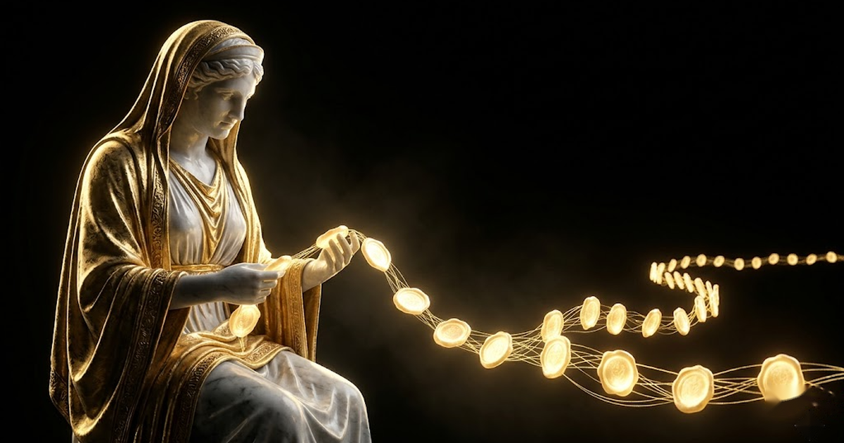 An oracle figure rendered in gold reading from an unbroken chain of glowing seals stretching into deep negative space.