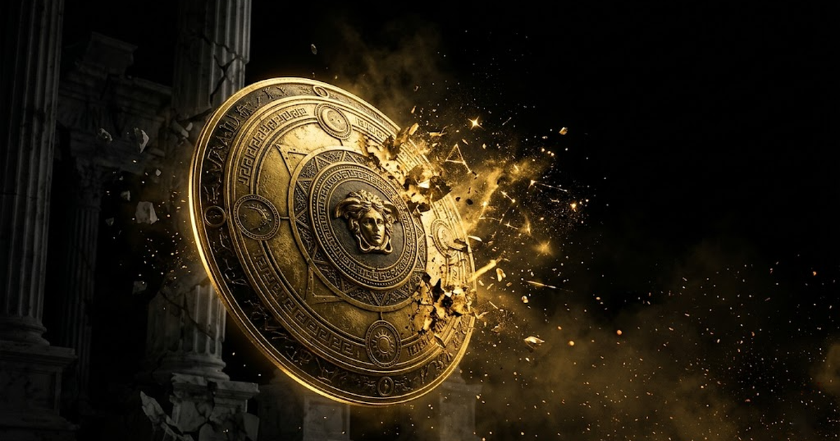 A golden aegis shield holding back a tide of fracturing constellations, marble pillars dissolving into shadow behind it.