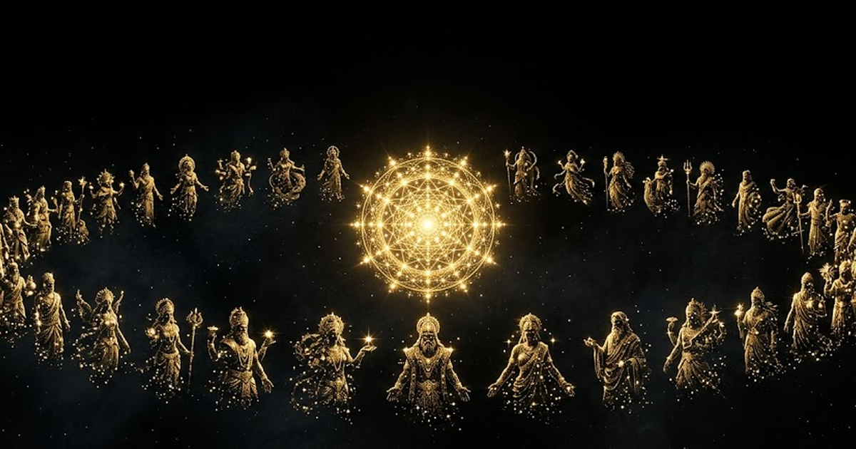 A pantheon of golden constellated figures arranged in a vast circle around a single bright seal, deep void black space.
