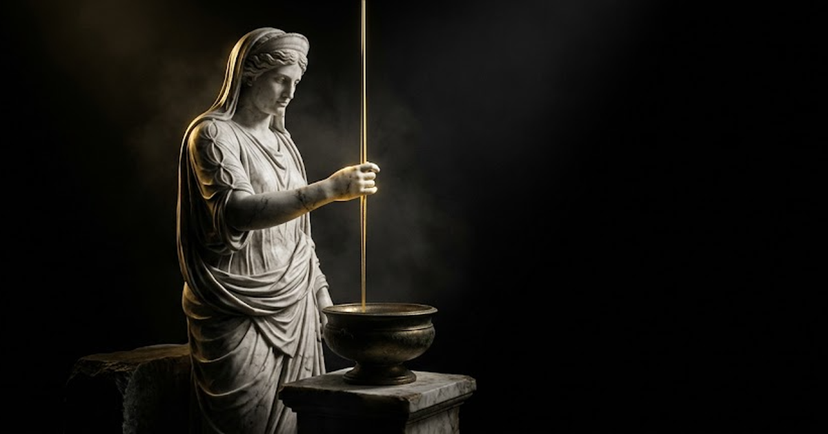 A marble statue of Demeter holding a single shaft of gold light over a dry vessel, on void black