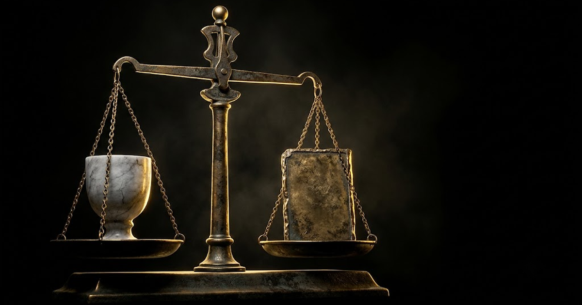 Bronze balance scales weighing a marble water vessel against a sealed bronze tablet, gold rim light, void black