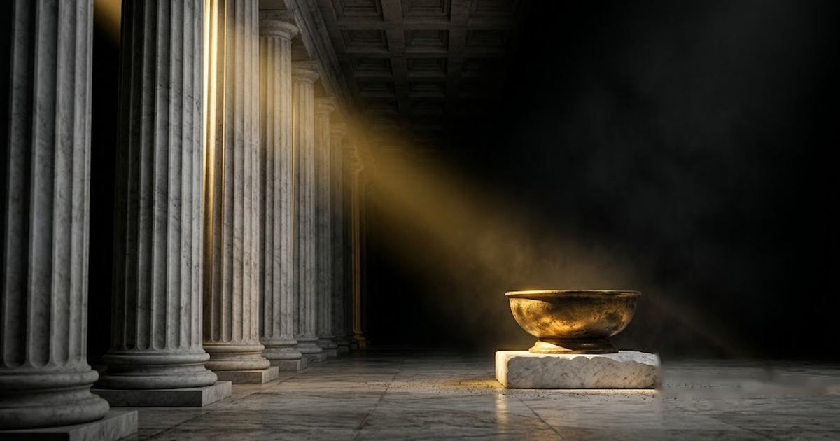 A marble colonnade receding into darkness with a single shaft of gold light on a dry bronze basin