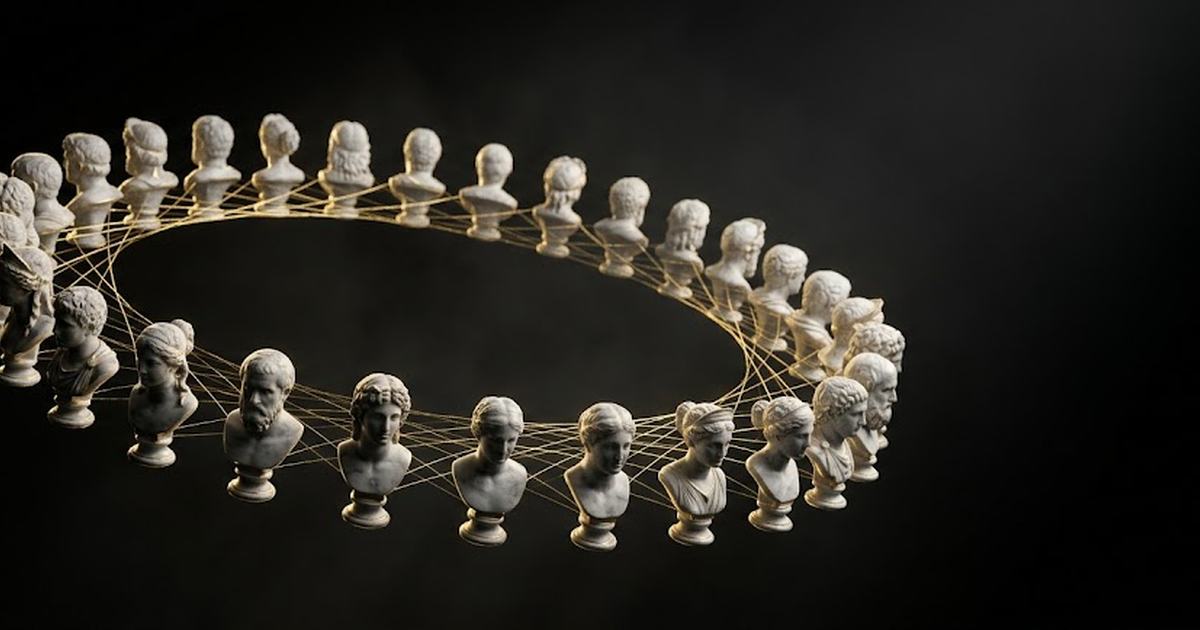 A ring of small gilded classical busts joined by threads of gold light on void black, no centre